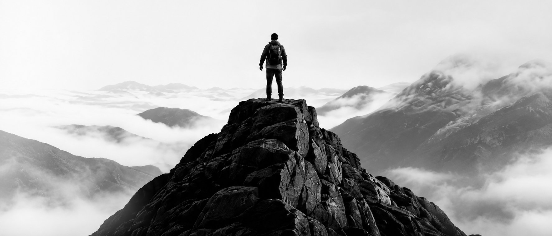 Persona de pie sobre una cumbre rocosa entre nubes, mirando el horizonte, en blanco y negro, como metáfora del crecimiento de marca