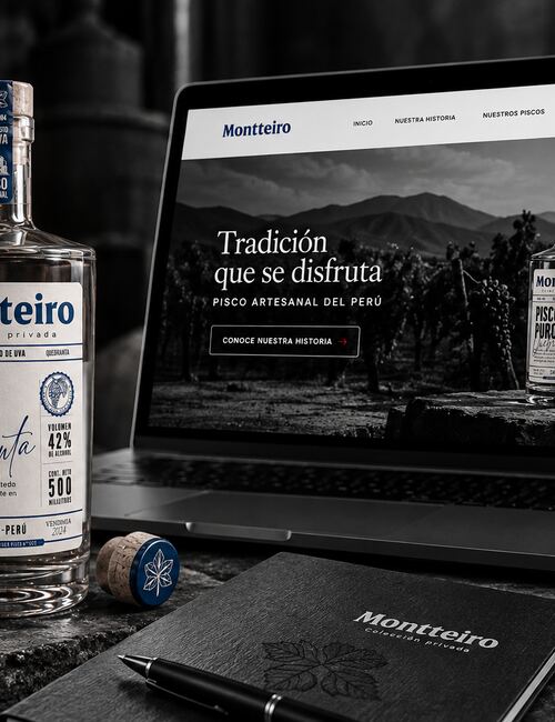Mockup del case study de branding de Pisco Montteiro