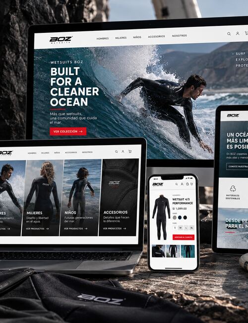 Mockup del sitio web de WetsuitsBoz en laptop, tablet y celular