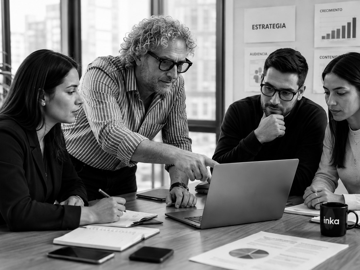 Equipo de Inka Experience Group en una sesión de estrategia, foto en blanco y negro con el logo inka en una taza sobre la mesa