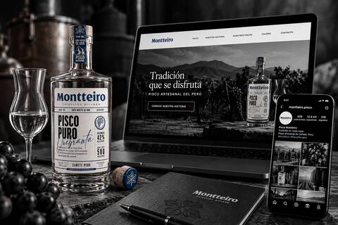 Mockup de branding de Pisco Montteiro: etiqueta, botella, caja, website y redes sociales