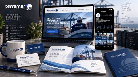 Mockup de branding de Terramar Inspection & Trading: logotipo, tarjetas, brochure y merchandising