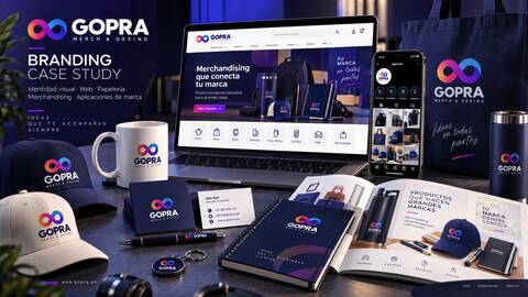 Mockup de branding de GOPRA Merch & Design: website, logotipo, tarjetas, brochure y merchandising