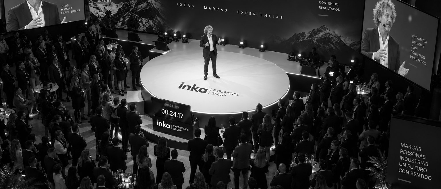 Felipe Ramírez Gastón presentando en el escenario del evento Inka Experience Group, con el público de pie y las pantallas mostrando la marca, en blanco y negro